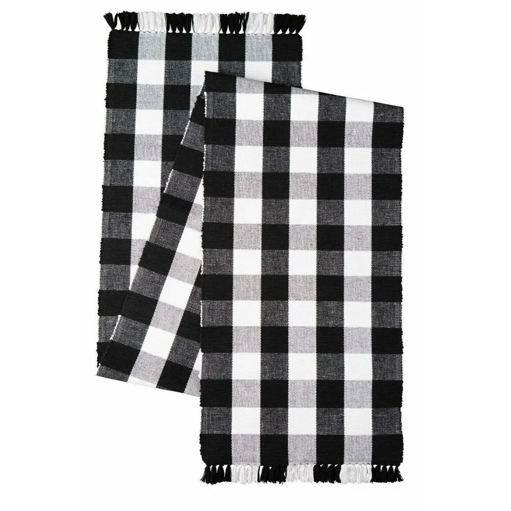 Buffalo Plaid Table Runner Cotton Black White Gray Fringe Kitchen 14 x 72-in NEW